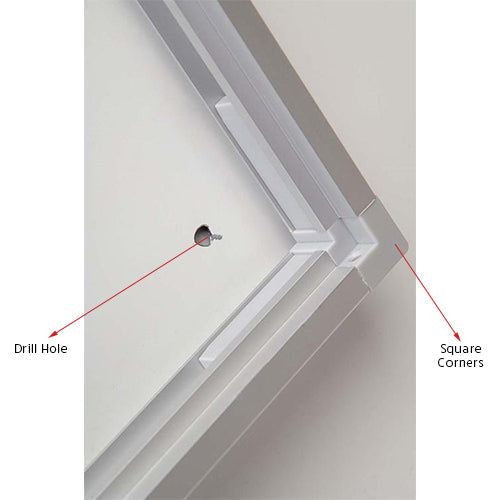Lockable Magnetic Board has square corners for a unique look with an overall depth of 1 7/16". Each magnetic board comes with drill holes to easily mount onto wall surfaces.