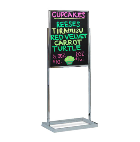 24 x 36 Wet Erase Black Marker Board Pedestal Sign Holder with Open Face Board, Double Sided, Silver Chrome Aluminum