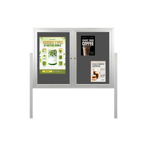 Freestanding 2 Door Outdoor Enclosed Bulletin Board 84x24 with Posts