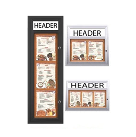 Outdoor Enclosed Menu Cases with Header & Lights for 8 1/2" x 11" Portrait Menu (Radius Edge) Sizes