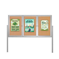 Freestanding 3 Door Outdoor Enclosed Bulletin Board 84x24 with Posts
