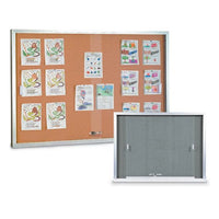 60" x 40" CORK BULLETIN BOARD ALUMINUM FRAMED WITH SLIDING GLASS DOORS
