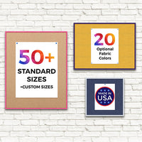 Open Face Colorful Cork Bulletin Boards | 50+ Sizes | 20 Optional Fabric Colors | Made in USA