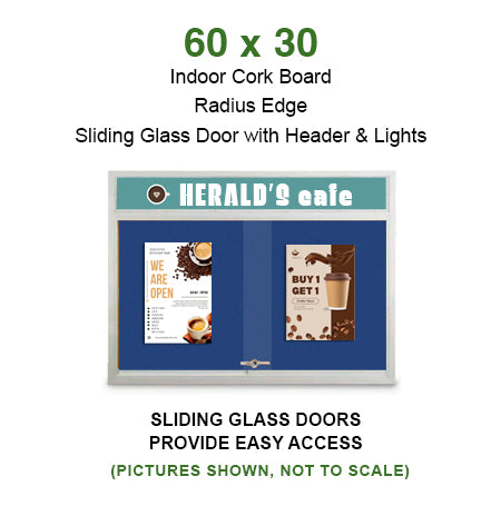 60 x 30 Indoor Bulletin Cork Boards with Personalized Header & Lights (RADIUS EDGE) (2 Sliding Glass Doors)