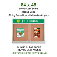 84 x 48 Indoor Bulletin Cork Boards with Personalized Header & Lights (RADIUS EDGE) (3 Sliding Glass Doors)