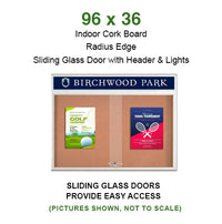 96 x 36 Indoor Bulletin Cork Boards with Personalized Header & Lights (RADIUS EDGE) (3 Sliding Glass Doors)