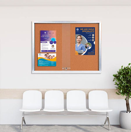 Indoor Enclosed Cork Bulletin Board 84 x 36 with Two Sliding Glass Doors with Metal Wall Cabinet in 4 Finishes