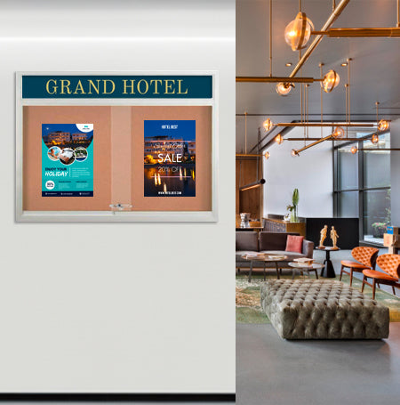 Indoor Bulletin Cork Boards 60" x 36" with Personalized Message Header (2 Sliding Glass Doors)