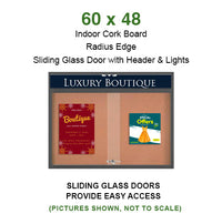 Indoor Enclosed Bulletin Cork Boards 60x48 with Personalized Message Header and 2 Sliding Glass Doors