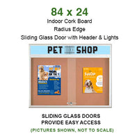 Indoor Bulletin Cork Boards 84" x 24" with Personalized Message Header (3 Sliding Glass Doors)
