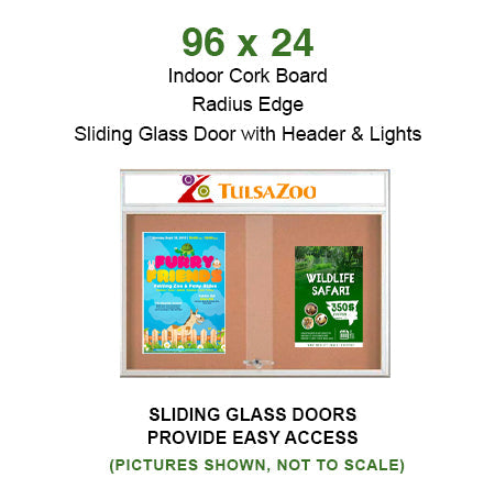 Indoor Bulletin Cork Boards 96" x 24" with Personalized Message Header (3 Sliding Glass Doors)
