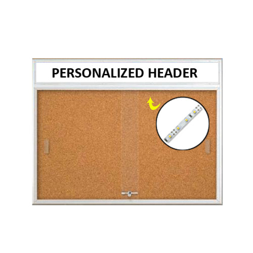 Indoor 60 x 36 Bulletin Cork Boards with Personalized Header & Lights (2 Sliding Glass Doors)