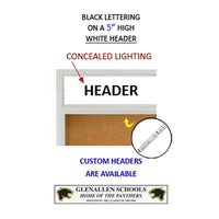 Indoor 84 x 24 Bulletin Cork Boards with Personalized Header & Lights (3 Sliding Glass Doors)