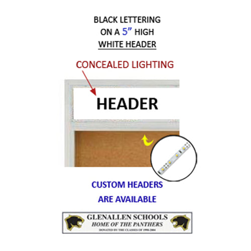Indoor 84 x 24 Bulletin Cork Boards with Personalized Header & Lights (3 Sliding Glass Doors)