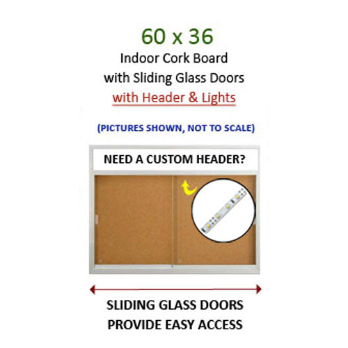 Indoor 60 x 36 Bulletin Cork Boards with Personalized Header & Lights (2 Sliding Glass Doors)