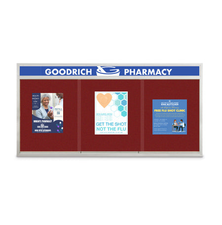 Indoor 96 x 30 Bulletin Cork Boards with Personalized Header & Lights (3 Sliding Glass Doors)