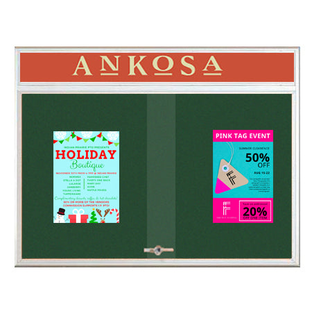 60 x 30 Indoor Bulletin Cork Boards with Personalized Header & Lights (RADIUS EDGE) (2 Sliding Glass Doors)
