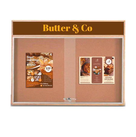 72 x 48 Indoor Enclosed Wood Bulletin Board Display Case with Sliding Glass Doors and Your Message Header