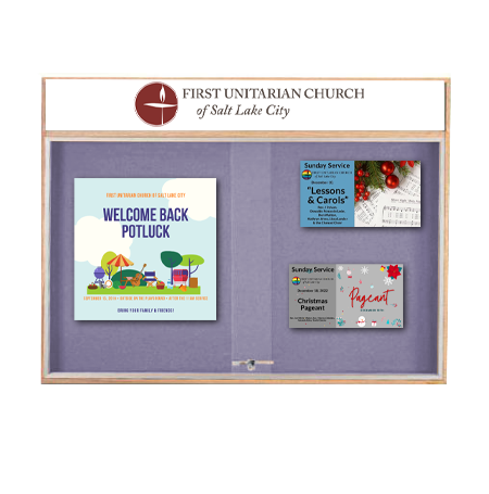 48x36 Indoor Enclosed Wood Enclosed Bulletin Boards with Sliding Glass Doors Header + Lights