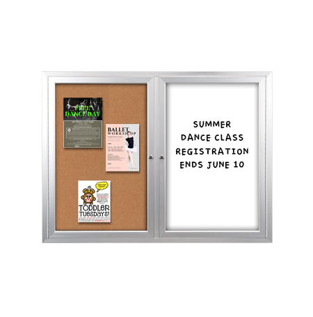 Enclosed 2-Door INDOOR Combo Board 50x40 | Cork Bulletin Board & Dry Erase Marker Board