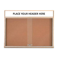 WOOD ENCLOSED CORK BULLETIN BOARD WITH SLIDING DOORS & HEADER