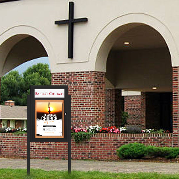 Outdoor Enclosed Bulletin Board SwingCase with Message Header, Lights and Free Standing on Posts Select 8+ Sizes and Custom