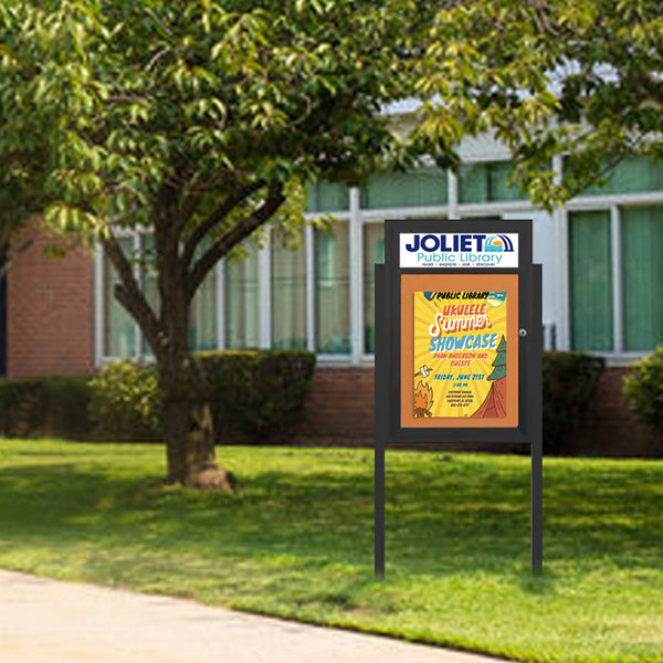 Outdoor Enclosed Bulletin Board Stand | Display Cases with Header on Posts | Single Door SwingCase with 12+ Sizes and Custom