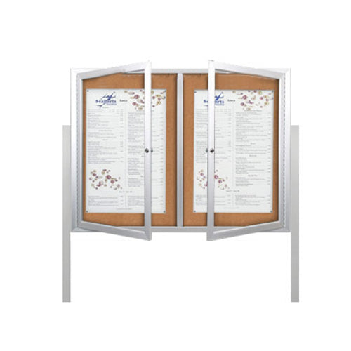 48x36 Free-Standing Outdoor Cork Bulletin Board with LED Lights and Radius Edge Corners - Two Door