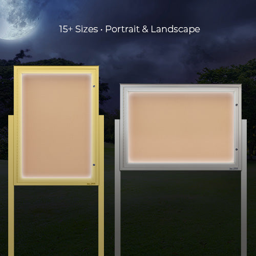 EXTREME WeatherPLUS™ Radius Edge Outdoor Enclosed Bulletin Board Stands with LED LIGHTS | Freestanding Metal Display Cases in 15+ Sizes