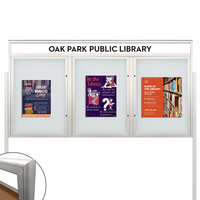 EXTREME WeatherPlus™ Radius Edge Enclosed Outdoor Bulletin Board Stand with Header | Shown in Silver Finish with 3 doors