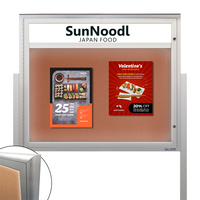 Freestanding EXTREME WeatherPLUS™ Radius Edge Outdoor Enclosed Bulletin Boards with Personalized Message Header + LED Lights | Shown in Silver Finish in Landscape Orientation