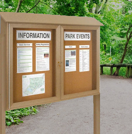 Eco-Design Outdoor Message Center Cork Bulletin Board 60" x 24" with Posts | Faux Wood, Double-Door Standing Information Boards