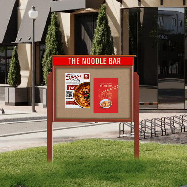 30" x 30" Viewable Area Outdoor Message Center Cork Board with Header | Single Door with Posts