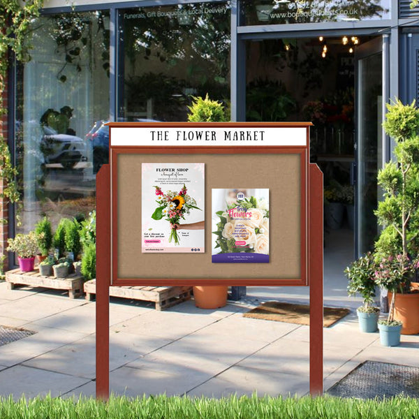 42" x 42" Viewable Area Outdoor Message Center Cork Board with Header | Single Door with Posts