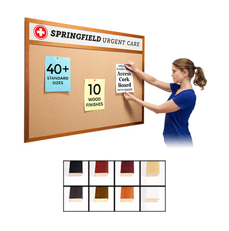 Wood Framed Cork Bulletin Board 36x60, and Your Personalized Message Header, with #362 Wood Profile in 8 Finishes