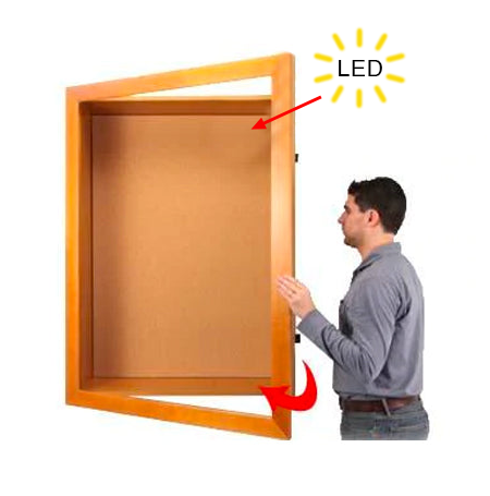 LED Lighted 8" Deep Shadow Box Display Cases with Cork Board and Large Bold Wide Wood SwingFrame in 25+Sizes + 8 Finishes