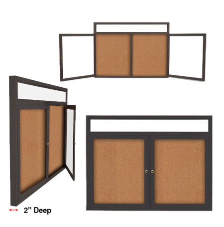 60 x 24 Enclosed Outdoor Bulletin Board with Message Header and LED Lights - Wall Mount 2 Door Cabinet