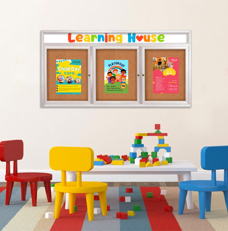 Indoor Enclosed Bulletin Boards 84 x 24 with Rounded Corners 3 Doors & Personalized Header