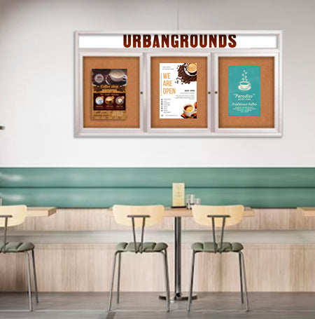 Indoor Enclosed Bulletin Boards 96 x 24 with Rounded Corners 3 Doors & Personalized Header