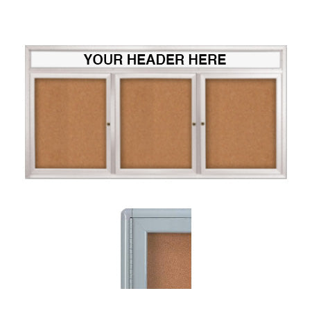 Indoor Enclosed Bulletin Boards 96 x 24 with Rounded Corners 3 Doors & Personalized Header