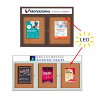 Enclosed Indoor Bulletin Boards Radius Edge + Header & LED Lights, Wall Mount 2-3 Door Display Cases 35+ Sizes