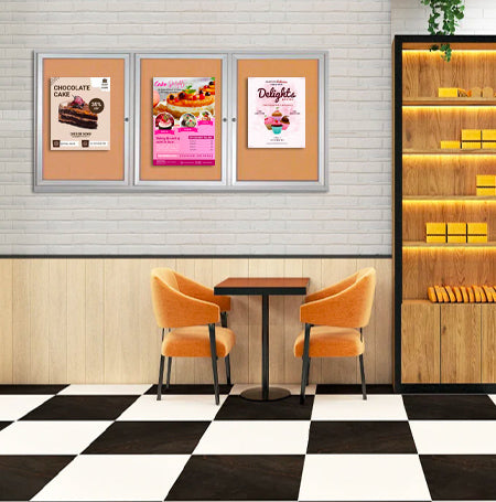 Enclosed Indoor Bulletin Boards 84 x 24 with Interior Lighting and Radius Edge (3 DOORS)