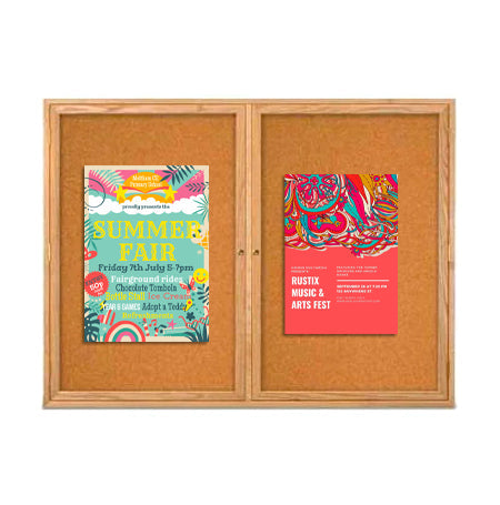 Indoor 48 x 36 Wood Enclosed Bulletin Board with Two Doors - Lockable 2-inch Deep Cabinet in Three Hardwood Finishes
