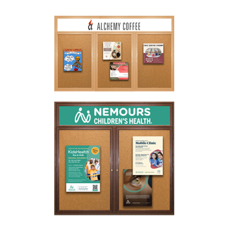 Enclosed Indoor Wood Frame Bulletin Boards with Message Header | Multiple Doors | 2 & 3 Door Wall Display Cases