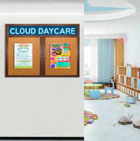 60 x 36 WOOD Indoor Enclosed Bulletin Cork Boards with Message Header (2 DOORS)