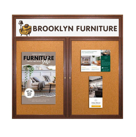 60 x 40 WOOD Indoor Enclosed Bulletin Cork Boards with Message Header (2 DOORS)