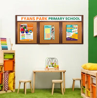 96 x 30 Indoor Wood Enclosed Bulletin Boards with Header & Lights (3 DOORS)