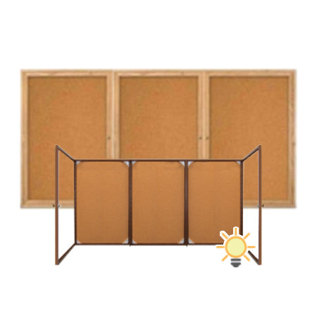 72 x 30 WOOD Indoor Enclosed Bulletin Cork Boards with Interior Lighting (3 DOORS)