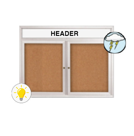 Outdoor Bulletin Boards 48 x 36 with Two-Door Sleek Radius Edge Metal Cabinet + Message Header, LED Light