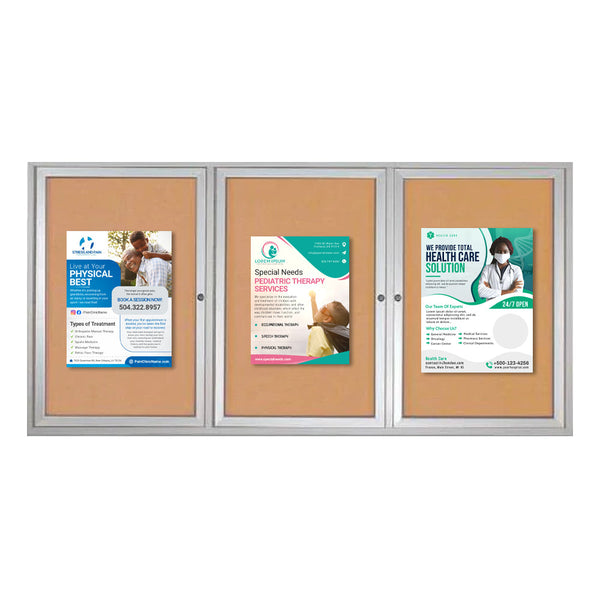 84 x 24 INDOOR Enclosed Bulletin Cork Boards 3 DOOR